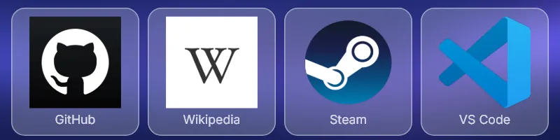 The dock with four shortcuts: GitHub, Wikipedia, Steam and VS Code.